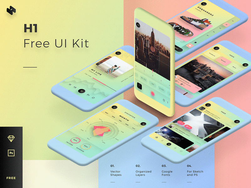 10 different categories - 130 templates mobile UI Kit FREE